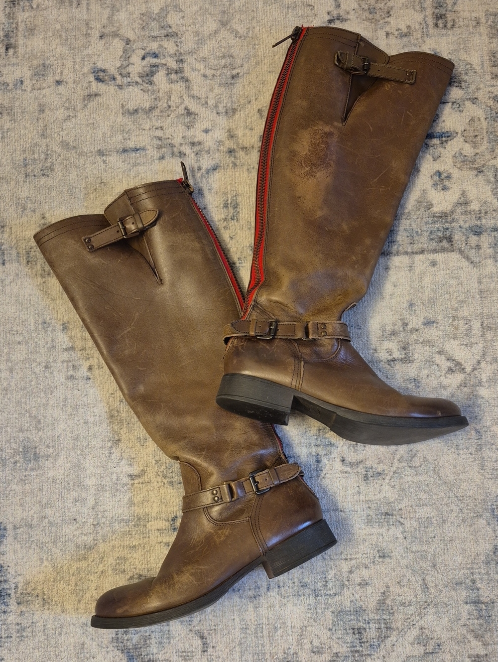 Steve Madden Brown Leather Riding Boots with Exposed Red Zips - Size 8